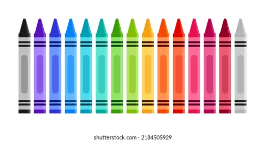 Education - School - Supply - Black, Indigo, Blue, Turquoise, Teal, Green, Yellow, Orange, Red, Pink, Purple, Brown, and Gray Crayons Isolated on White Background