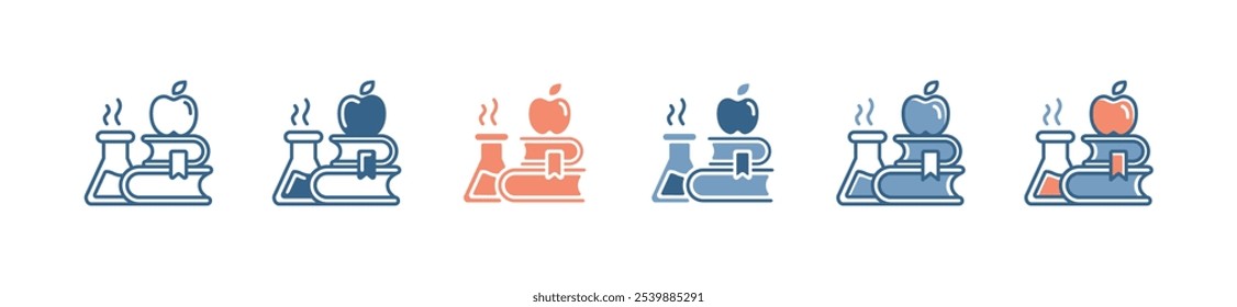 Educación Suministro escolar Herramienta de ciencia Conjunto de iconos Frasco químico con signos de pila de libros Vector Estudio de negocios Ilustración de investigación de laboratorio