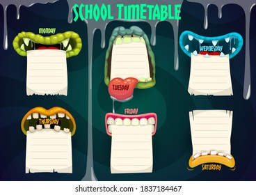 Education School Timetable With Cartoon Monster Mouths Vector Template. Halloween Kids Time Table, Lessons Schedule With Creepy Jaws Holding Paper Sheets And Drip Slime, Weekly Classes Planner Frame