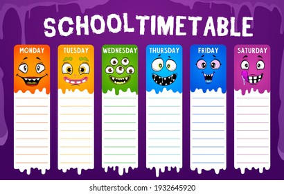 Education School Timetable Or Student Schedule With Cartoon Vector Monster Faces. Study Planner, Weekly Lesson Plan Or Chart For Elementary School Or Preschool Pupils With Funny Emoticons And Emojis