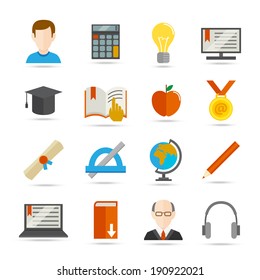 Education school university e-learning flat icons set with graduation science computer elements isolated vector illustration