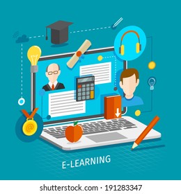 Education school university e-learning flat concept with laptop and graduation icons vector illustration.