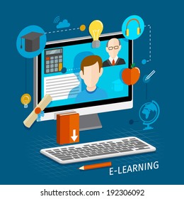 Education school university e-learning flat poster with monitor and icons set vector illustration