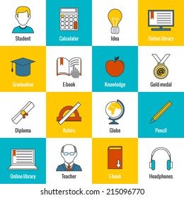 Education school university e-learning flat line icons set with ruler ebook diploma and isolated vector illustration