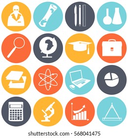 Education school university learning icons set with science elements