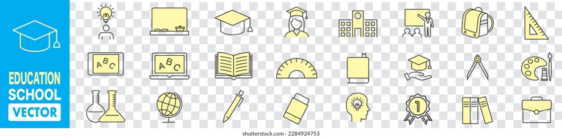 Education, School, university, learning, success, academic, textbook line style icons vector illustration