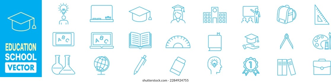 Education, School, university, learning, success, academic, textbook line style icons vector illustration