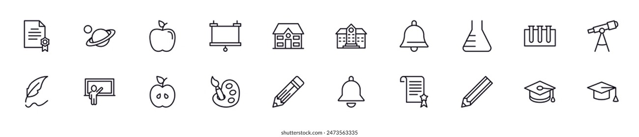 Education, school, university line icons pack. Simple outline sign and editable stroke for web sites, articles, books, apps 