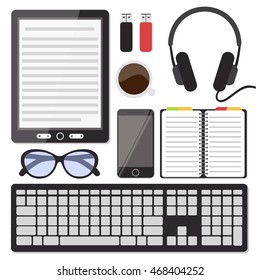 Education school university office e-learning concept with digital devices, e-book, office objects. Vector illustration.