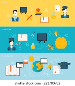 Education school university online banner set with training research learn to think isolated vector illustration