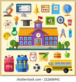 Education. School. University. Vector flat icon set and illustrations: building, bus, backpack, schedule, physics, chemistry, mathematics, computer science, on line training