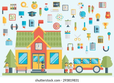 Education. School. University. Vector flat icon set