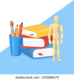 educación, conjunto de íconos de vectores escolares con libros, bolígrafos, pegatinas de madera. aprendizaje, colección de iconos 3d para el aprendizaje. ilustración vectorial
