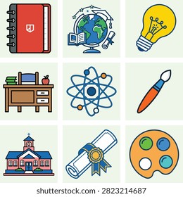 Education and school vector icon set featuring notebook globe lightbulb desk atom paintbrush school building diploma and paint palette