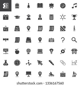 Education and school vector icons set, modern solid symbol collection, filled style pictogram pack. Signs logo illustration. Set includes icons as book stack, backpack, ring bell, blackboard, calendar