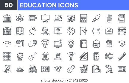 Conjunto de iconos de línea vectorial de Educación y Escuela. Contienen iconos de contorno lineal como Colegio, Conocimiento, Universidad, Libro, Estudio, Certificado, Estudiante, Biblioteca, Aprendizaje, Papelería. Uso y trazo editables.