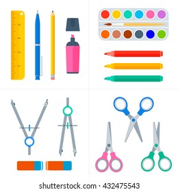 Education and school workplace supply set. Vector flat illustration of pupil stationery. Isolated on white background school objects and tools. Education workspace equipment. Web infographic elements.