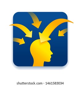 Education schooling and psychology training conceptual icon - human profile with arrows rushed from all sides inside his head - isolated vector logo or emblem