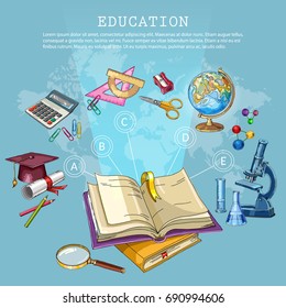 Education and science. Back to school concept. Modern education elements, school tools. Open book of knowledge. Symbol of science and education