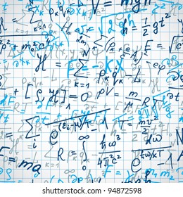 Education or science background with hand written formulas over notepad page. Seamless pattern - vector.