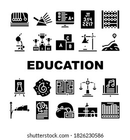 Education Science Collection Icons Set Vector. Chemistry And Physics, Sport And Literature, Music And Art, Biology And Mathematics Education Glyph Pictograms Black Illustrations