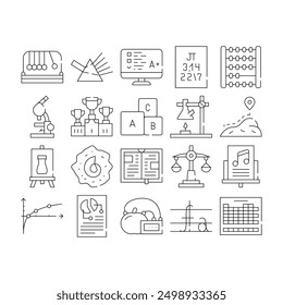 Education Science Collection Icons Set Vector. Chemistry And Physics, Sport And Literature, Music And Art, Biology And Mathematics Education Black Contour Illustrations