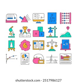 Education Science Collection Icons Set Vector. Chemistry And Physics, Sport And Literature, Music And Art, Biology And Mathematics Education color Contour Illustrations