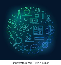 Education and science colored round vector illustration in outline style on dark background