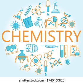 Education and science concept banner on light blue. Chemistry lab and science equipment. Pharmacy and chemistry theme. Test glass flask with solution in research laboratory.chemistry 