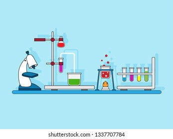 Education and science concept. Chemistry and physics biology lab, science equipment, test tube, vector illustration.