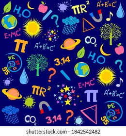 Education and Science concept. Flat design scientific icons. Seamless pattern of formulas and pictures concerning Science. World Science Day for Peace and Development. November 10. Vector Illustration