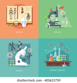 Education and science concept illustrations. Anatomy, biology, genetics and organic chemistry. Science of life and origin of species. Flat vector design banner.