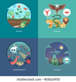 Education and science concept illustrations. Botany, zoology, oceanography and ufology . Science of life and origin of species. Flat vector design banner.