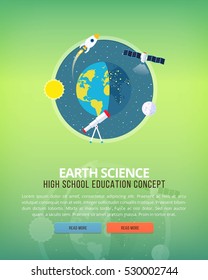 Education and science concept illustrations. Science of Earth and planet structure. Knowledge of athmospherical phenomena. Flat vector design banner