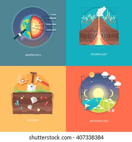 Education And Science Concept Illustrations. Geophysics, Seismology, Geology, Meteorology . Science Of Earth And Planet Structure. Knowledge Of Athmospherical Phenomena. Flat Vector Design Banner.