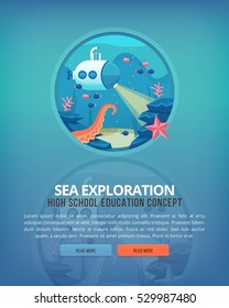 Education and science concept illustrations. Oceanography and sea exploration. Science of life and origin of species. Flat vector design banner