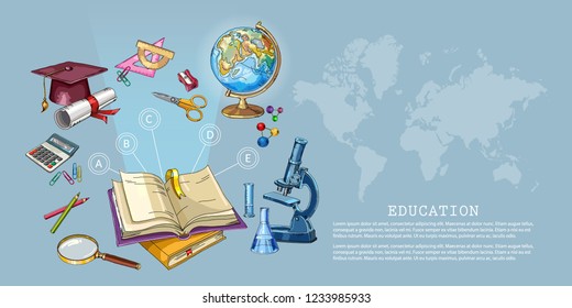 Education and science concept. Open book of knowledge. Back to school. Modern education elements, school tools