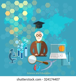 Education and science concept professor teacher university college chemistry physics theory lecture vector illustration  