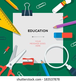 Education and science concept - template with school supplies, vector illustration. 