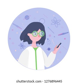 Education and Science. Flat character scientist in the circle. Background. With a phone in hand. Vector illustration