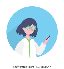 Education and Science. Flat character scientist in the circle. With a phone in hand. Vector illustration