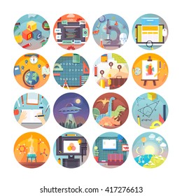 Education And Science Flat Circle Icons Set.  Subjects And Scientific Disciplines. Vector Icon Collection. 