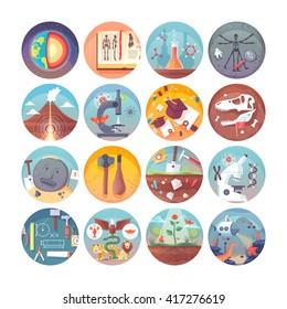 Education and science flat circle icons set.  Subjects and scientific disciplines. Vector icon collection. 