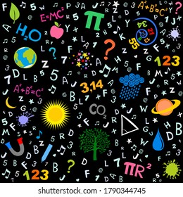 Education and Science. Flat design scientific icons. Seamless pattern of formulas and pictures concerning to Science. World Science Day for Peace and Development. November 10. Vector Illustration