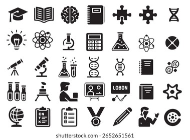 Education and science glyph icon set. Vector pictograms of atom, microscope, test tube, flask, telescope, DNA, laptop, checklist, clipboard, black sign silhouette illustration