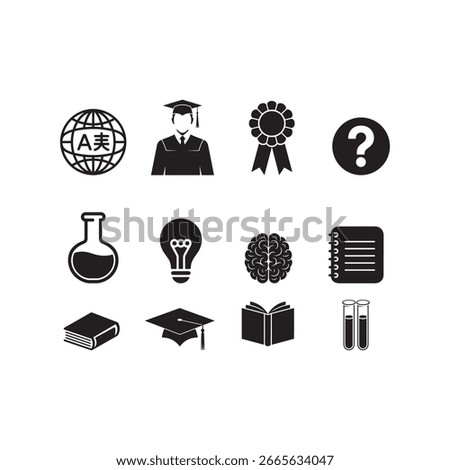 Education and Science Icon Set. Black Vector Glyphs of Globe, Graduate, Award Ribbon, Question Mark, Chemistry Flask, Light Bulb, Brain, Notebook, Books, Mortarboard, Test Tubes icon vactor.eps
