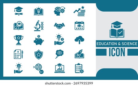 Educação e Ciência Conjunto de Ícones Plana Coleção de Vetores Apresentando Aprendizagem, Pesquisa, Laboratório e Símbolos de Conhecimento Acadêmico