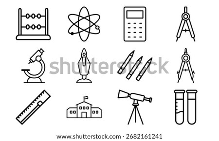 Education and Science Icon Set – School Supplies, Mathematics Tools, Laboratory Equipment, and Learning Symbols in Outline Style on White Background
