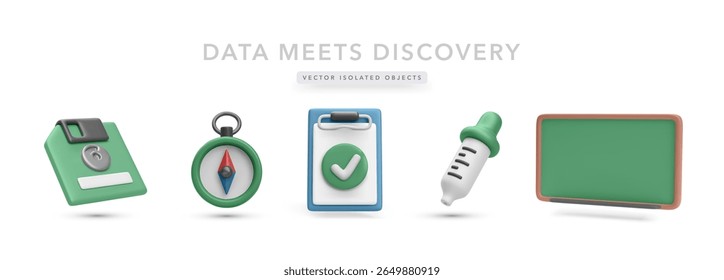 Education And Science Icons Including Chalkboard, Compass, Syringe Dropper, Save Icon, And Checklist In Colorful 3D Style. Perfect For School And Research Topics. Vector Illustration.