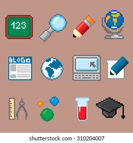 Education and Science icons set. Pixel art. Old school computer graphic style.